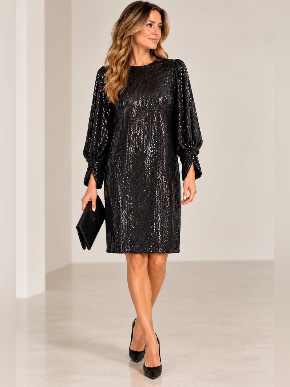 ESQUALO Dress Glitter Stretch XS Black Sequin Relaxed Cocktail Dress W22.17710